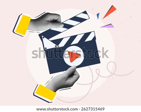 Hand with clapperboard with play button. Modern collage style. Vector illustration