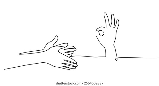 Hand clapping and arm showing "okay" gesture in continuous line drawing. Symbolizing satisfaction, affirmation, and positive interaction. Vector illustration one line art minimalist.