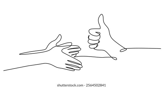 Hand clapping and arm showing thumb up in continuous line drawing. Representing celebration, encouragement, and approval. Vector illustration one line art minimalist.