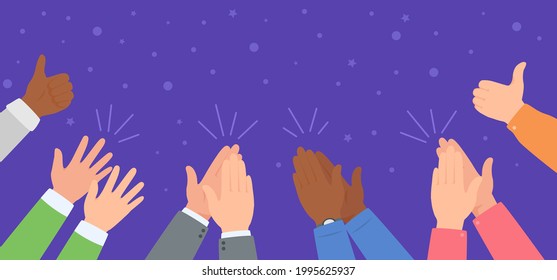 Hand Clapping. Diverse Team Celebrating Success. People Applause And Giving Thumb Up. Winning, Celebration, Ovation Vector Illustration. Characters Cheering Up Winners Or Performers