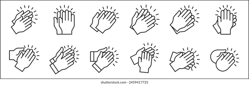 Hand clapping icon. Applause symbol. Hand claps icon set symbol of acclamation, compliment, appreciation, ovation, bravo, congratulation. Sign of applaud in outline graphic design and illustration.