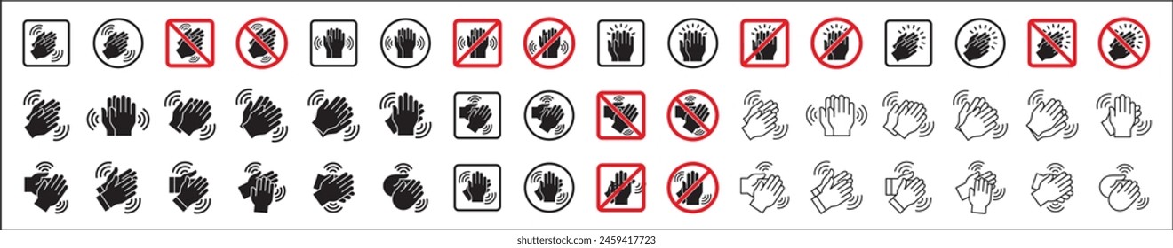 Hand clapping icon set. Forbidden hand clapping icons. No applaud signs. Hand applause symbol. Hands clap vector stock illustration in flat and outline design style. Symbol of don't disturb.