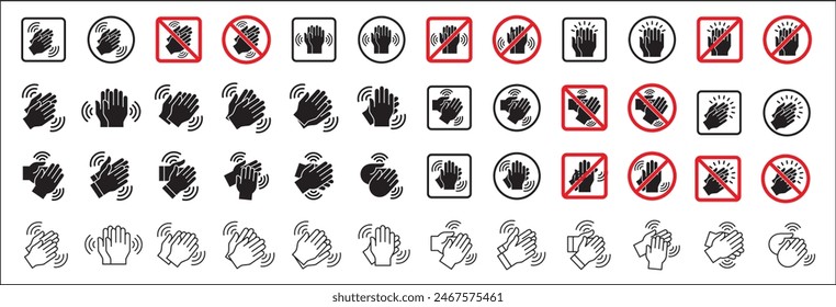 Hand clapping icon set. Forbidden hand clapping icons. No applaud signs. Hand applause symbol. Hands clap vector stock illustration in flat and outline design style. Symbol of don't disturb.