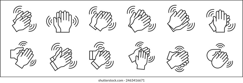 Icono de aplauso de la mano conjunto símbolo de aclamación, elogio, aprecio, ovación, bravo, felicitación. Símbolo de aplauso. Signo de aplauso en el Diseño gráfico de esquema simple e ilustración.