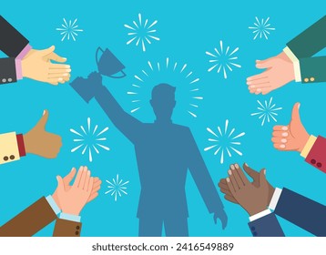 Hand claps celebrate applause. Businessman with trophy cup and clapping hands business success vector illustration