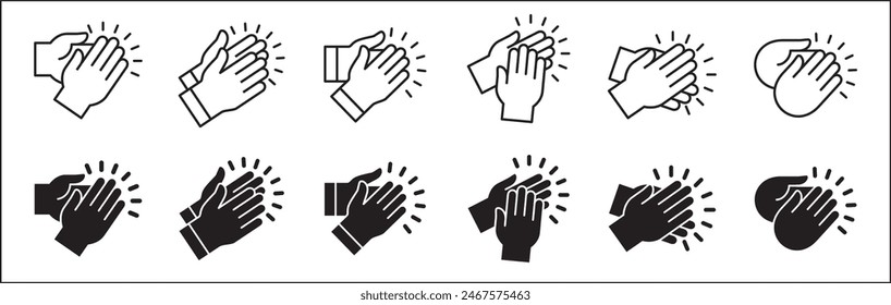 Hand claps icon set symbol of acclamation, compliment, appreciation, ovation, bravo, congratulation. Hand clapping icon. Applause symbol. Sign of applaud in outline graphic design and illustration.