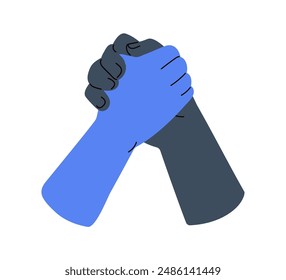 Hand clasped together, greeting. Grabbing gesture for informal hi, connection, solidarity, mutual support, trust. Communication between friends. Flat vector illustration isolated on white background