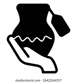 Hand with clay jug and price tag solid icon, pottery making concept. Vector graphics. Jug in customer hand, shopping sign on white background, style mobile or design