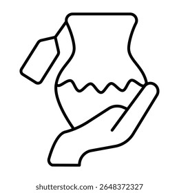 Mão com jarro de argila e ícone de linha fina etiqueta de preço, conceito de fabricação de cerâmica. Gráficos vetoriais. Jarro na mão do cliente, sinal de compras no fundo branco, móvel estilo ou design