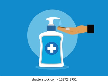 hand clean with the liquid soap. Isolated blue background. infographic to keep clean and healthy 