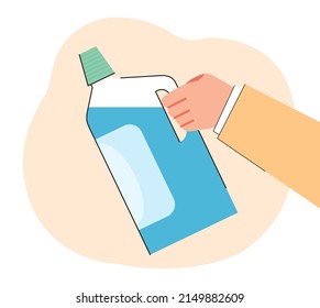 Hand of cleaner holding bleach or detergent. Person with washing agent for clothes or bathroom flat vector illustration. Hygiene, household or housework concept for banner or landing web page