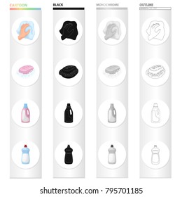 A hand with a cleaning cloth, soap and foam, a detergent, a bottle of whiteness. Cleaning set collection icons in cartoon black monochrome outline style vector symbol stock illustration web.