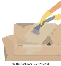 Hand cleaning dirty sofa with vacuum cleaner isolated illustration. Professional cleaning service concept.