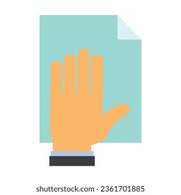 Hand cleaning dirty surface with wipe. Hand holding piece of paper or document. Multicolored flat vector icon representing hand gestures and actions concept isolated on white background