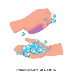 Hand cleaning and hygiene, disease prevention through hand cleaning. hands holding soap with foam and soap bubbles. vector illustration.