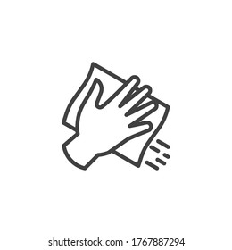 Hand With Cleaning Napkin Line Icon. Linear Style Sign For Mobile Concept And Web Design. Surface Wiping, Disinfection Outline Vector Icon. Symbol, Logo Illustration. Vector Graphics