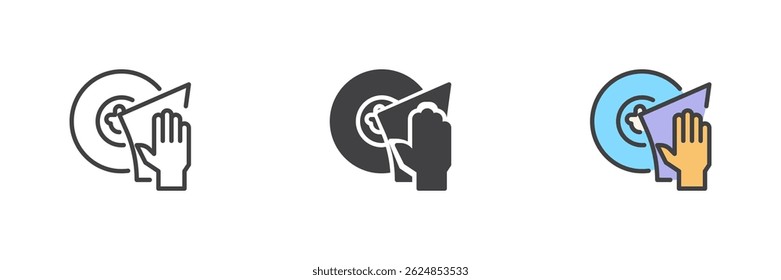 Hand cleaning plate different style icon set. Line, glyph and filled outline colorful version, outline and filled vector sign. Symbol, logo illustration. Vector graphics