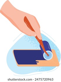 Hand cleaning smartphone screen disinfectant wipe. Hygiene concept prevent spread germs. Cartoon illustration hand wiping mobile phone. Health safety measure against viruses. Graphic representation