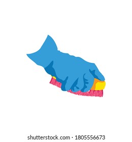 Hand cleaning with sponge. Human hand in blue rubber glove with cleaning tool. Cleaning service, housework, hygiene cleanup chores concept cartoon vector illustration isolated on white background