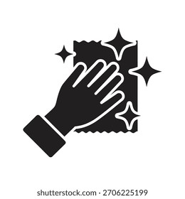 Limpieza a mano de una superficie con un paño y un icono de destellos que representa una desinfección y un resultado brillante de una tarea doméstica