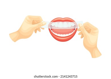 Hand cleaning teeth with dental floss. Mouth with white teeth. Oral hygiene vector illustration