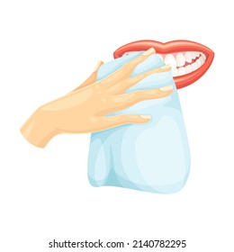 Hand Cleaning Tongue With Dental Wipe. Mouth With White Teeth. Oral Hygiene Vector Illustration