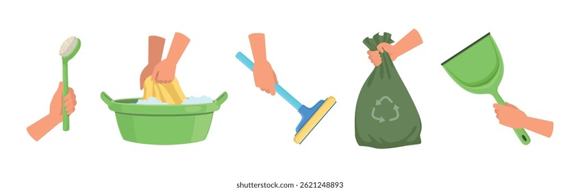 Hand with Cleaning Tool Do Domestic Chore Vector Set