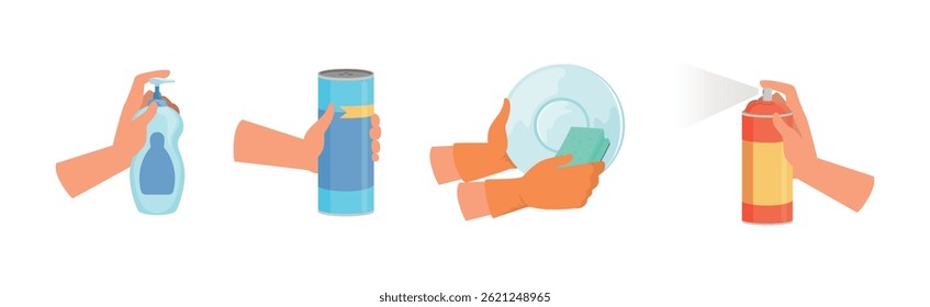 Hand with Cleaning Tool Do Domestic Chore Vector Set