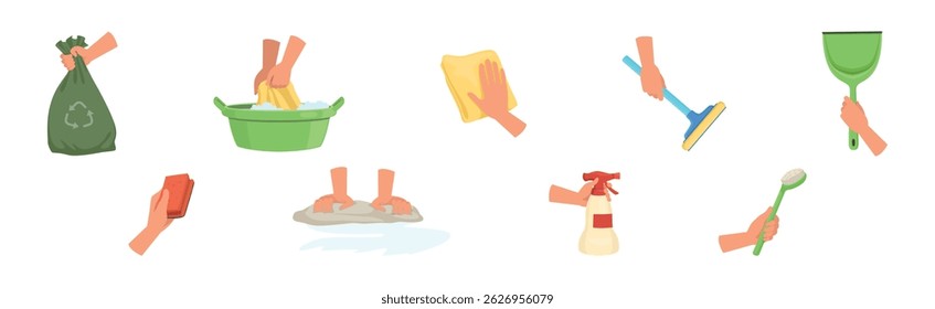 Hand with Cleaning Tool Do Domestic Chore Vector Set