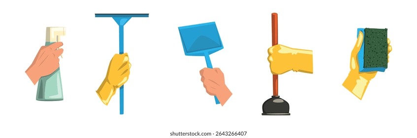 Hand with Cleaning Tool Do Domestic Chore Vector Set