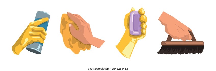 Hand with Cleaning Tool Do Domestic Chore Vector Set