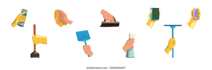 Hand with Cleaning Tool Do Domestic Chore Vector Set