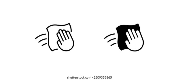 Hand mit Reinigungstuch Symbol Haushalt, Haus sorgfältig handgezeichnet Wischen Sie die Hand mit feuchten Tuch Linie und flachen Symbolen Satz, bearbeitbare Strich einzeln auf Weiß, lineare Vektorkontur-Illustration, Symbol Logo Design 