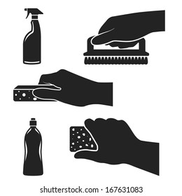 hand cleans surface and bottles of cleaning products black icons. vector illustration
