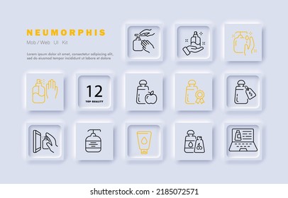 Icono de conjunto de limpiadores de mano. Portátil, antiséptico, espumoso, antibacteriano, lavado, antibacteriano, marca de calidad, etiqueta de precio, manzana, cereza, gota de agua. Concepto de higiene personal. Neomorfismo. Icono de línea del vector.