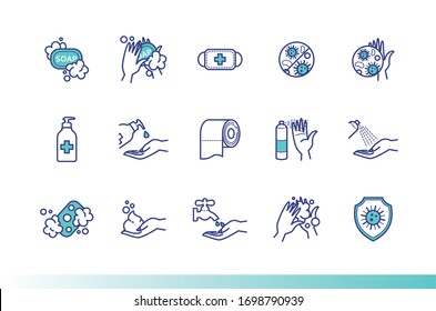 Hand cleansing, disinfection. Preventive measures against viruses and bacteria. Coronavirus control icons for your design