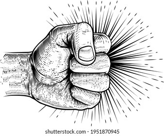 A hand in a clench fist punching in a vintage retro propaganda woodcut style