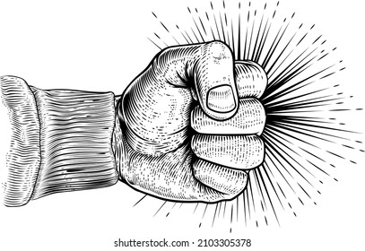 A hand in a clench fist punching in a vintage retro propaganda woodcut style