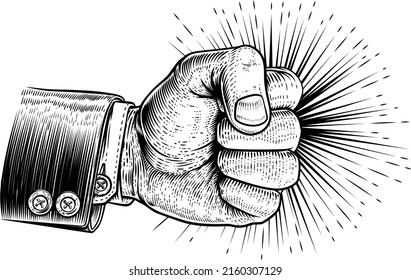 A hand in a clench fist wearing a busineess suit punching in a vintage retro propaganda woodcut style
