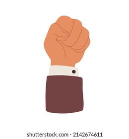 Hand, clenched fist raised up for solidarity. Strong arm of activist rising high for strike, protesting, fighting against labor discrimination. Flat vector illustration isolated on white background
