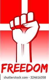 Hand clenched for freedom in front of Denmark Flag, vector illustration