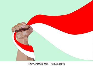 Hand clenched holding flag in WPAP style. Indonesian Independence day. The design is suitable for greeting Happy Indonesian Independence Day with a fist, a symbol of the Spirit of freedom.