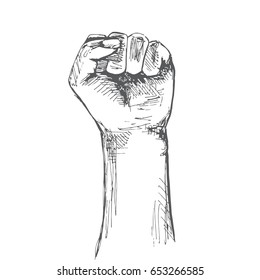 Hand Clenched Into A Fist. Gesture Of Strength. Illustration In Sketch Style. Hand Drawn Vector Illustrations.