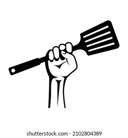 The hand is clenched into a fist. Hold the spatula firmly. Vector illustration, flat minimal design, black silhouette, isolated on white background, eps 10.