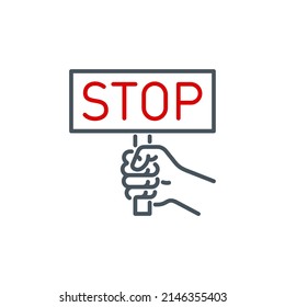 hand clenched into fist holds sign with inscription stop single line icon isolated on white. Perfect outline symbol protest against no war with stop banner. protest design element with editable Stroke