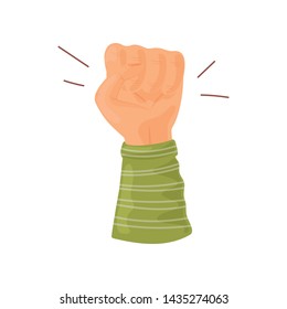 Hand is clenched into a fist and raised up. Vector illustration on white background.