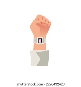 Hand clenched into fist and raised up with electronic watch on wrist. Business concept of time or call to action, flat vector illustration isolated on white background.