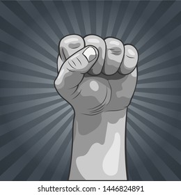 Hand clenched into a fist. Fist in a realistic style. Pop art style, comics. Isolated image. Poster. 