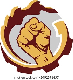 hand clenched logo vector with fire and gear ornament 