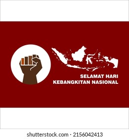 Hand clenched vector design, maroon background that reads "Happy National Awakening Day" and an image of a map of Indonesia